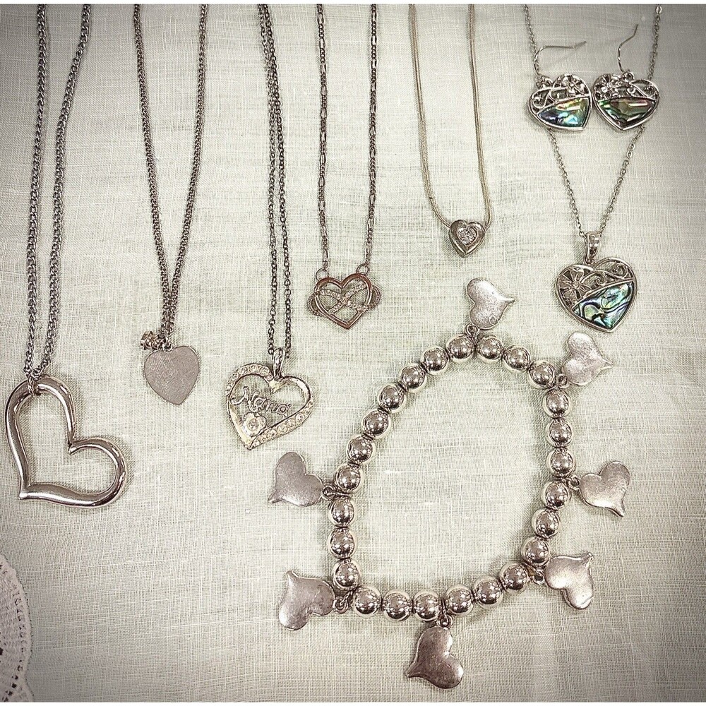 Heart Motif Abalone Jewelry Lot - 8pcs Necklaces Charm Bracelet Earrings Silver